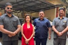 A picture of Nushrratt Bharuccha with personal bodyguards for her close protection from WENS FORCE given to her for her recent visit to Siddhivinayak Temple for her new Range Rover.